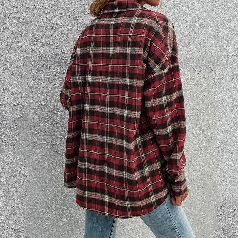 Women's Long Sleeve Collar Long Button Down Plaid Shirt Blouse Tops