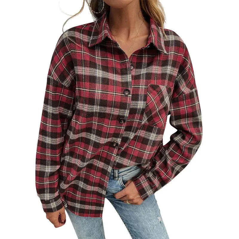 Women's Long Sleeve Collar Long Button Down Plaid Shirt Blouse Tops