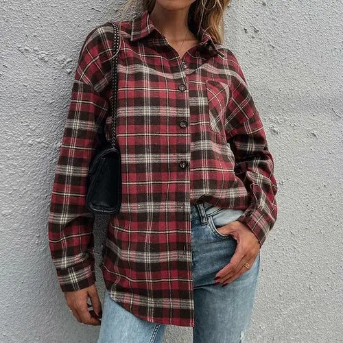 Women's Long Sleeve Collar Long Button Down Plaid Shirt Blouse Tops