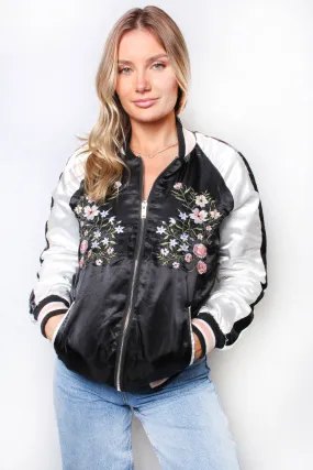 Women's Long Sleeve Zip Up Floral Print Bomber Jacket