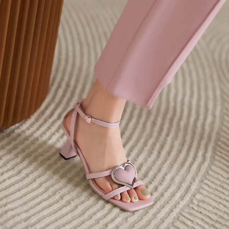 Women's Love Hearts Ankle Strap Block Chunky Heel Sandals