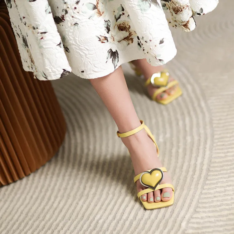Women's Love Hearts Ankle Strap Block Chunky Heel Sandals