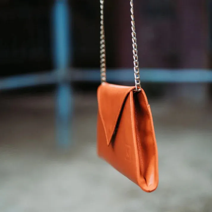 Womens Orange Leather Clutch Bag Envelope Style Crossbody