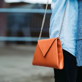 Womens Orange Leather Clutch Bag Envelope Style Crossbody
