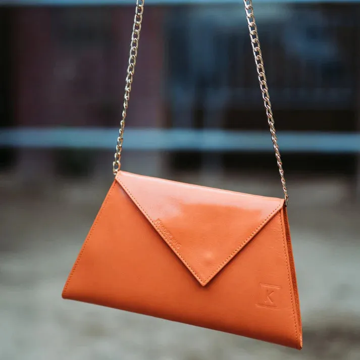 Womens Orange Leather Clutch Bag Envelope Style Crossbody