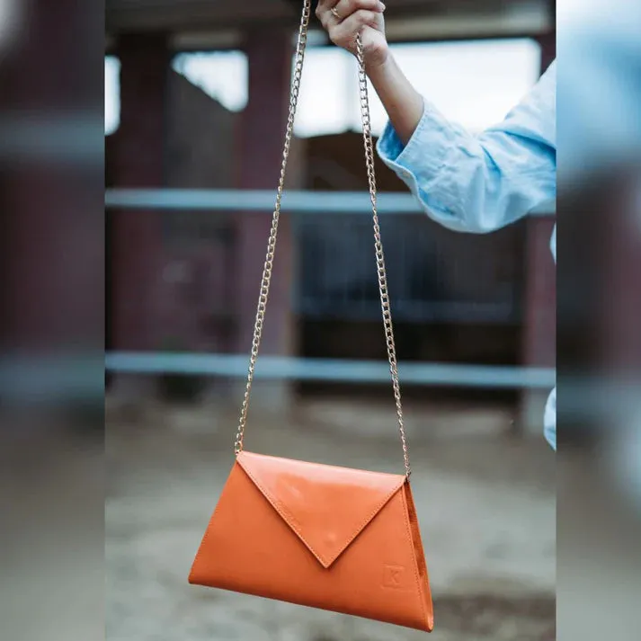 Womens Orange Leather Clutch Bag Envelope Style Crossbody
