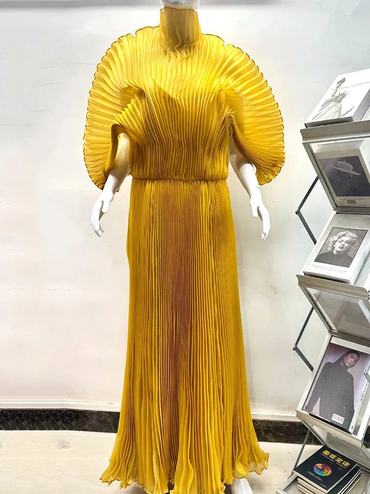 Women's Pleated Maxi Dress | Elegant Puff Up Sleeves