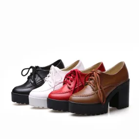 Women's Pu Leather Round Toe Lace Up Stitch Platform Block Chunky Heel