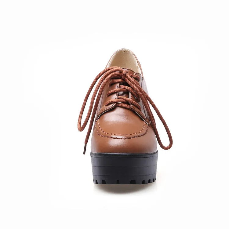 Women's Pu Leather Round Toe Lace Up Stitch Platform Block Chunky Heel
