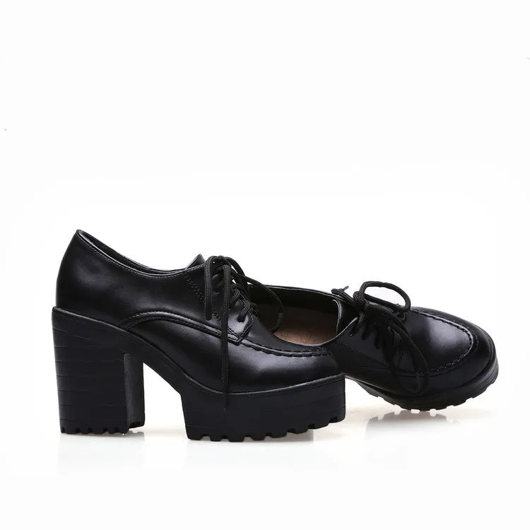 Women's Pu Leather Round Toe Lace Up Stitch Platform Block Chunky Heel