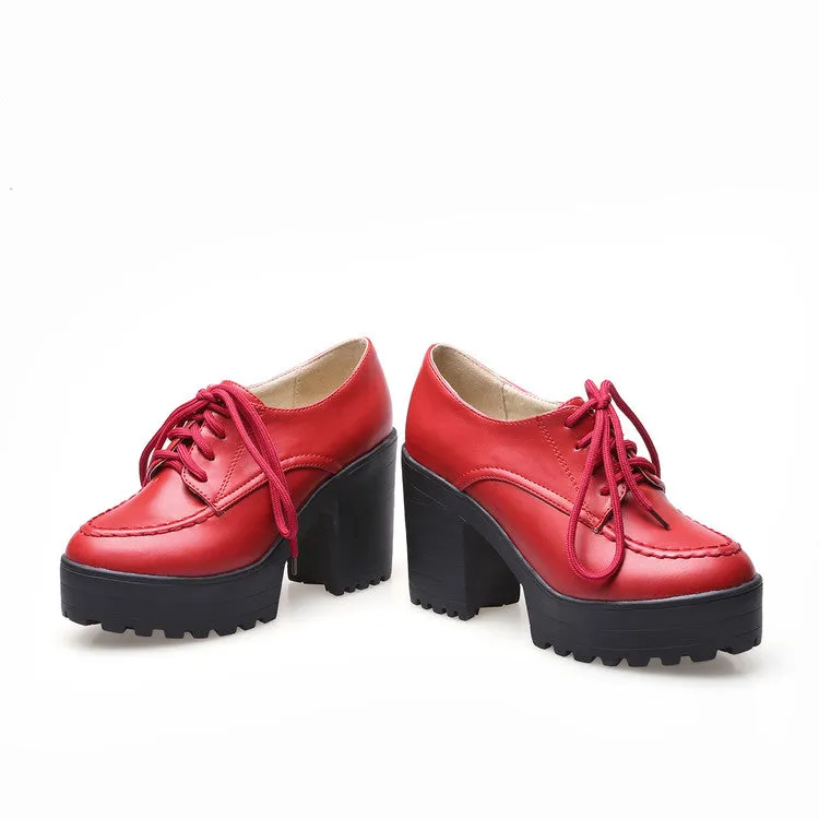Women's Pu Leather Round Toe Lace Up Stitch Platform Block Chunky Heel
