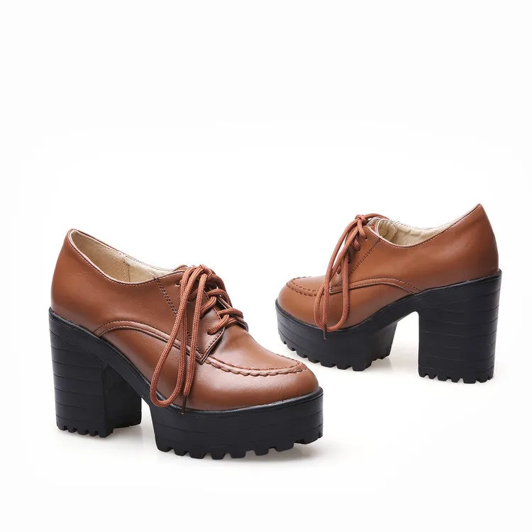Women's Pu Leather Round Toe Lace Up Stitch Platform Block Chunky Heel