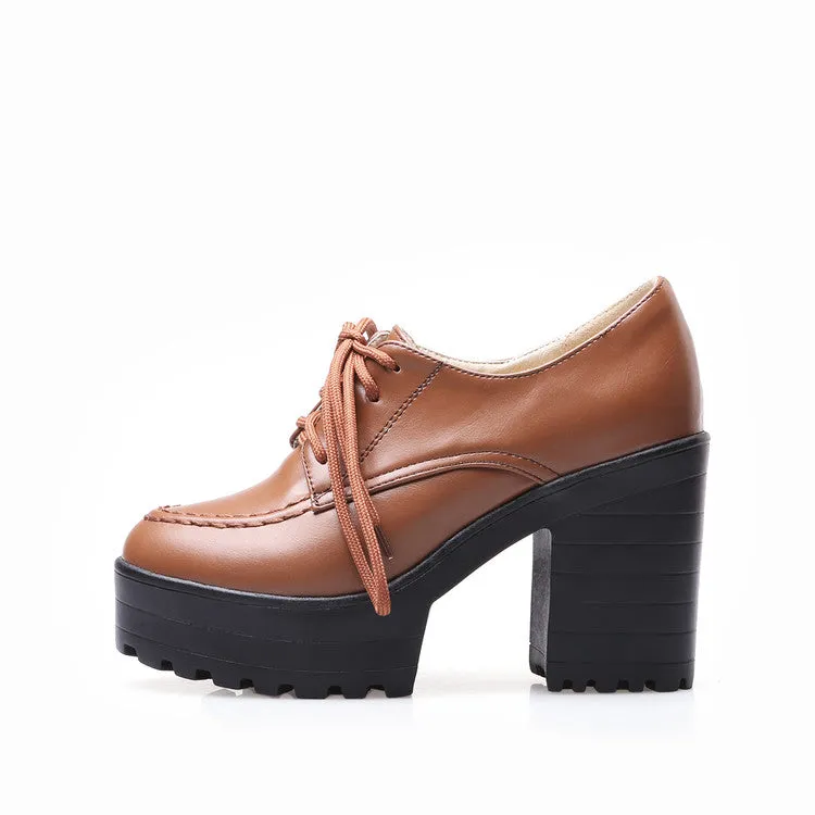 Women's Pu Leather Round Toe Lace Up Stitch Platform Block Chunky Heel