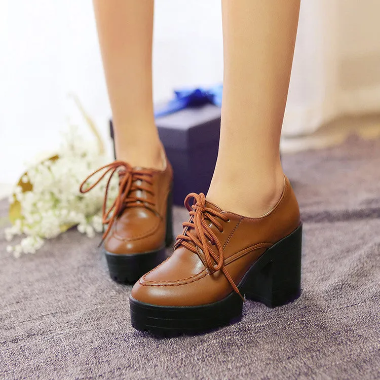 Women's Pu Leather Round Toe Lace Up Stitch Platform Block Chunky Heel