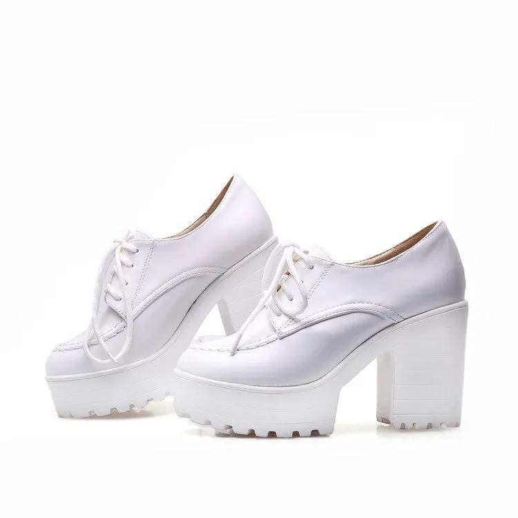 Women's Pu Leather Round Toe Lace Up Stitch Platform Block Chunky Heel