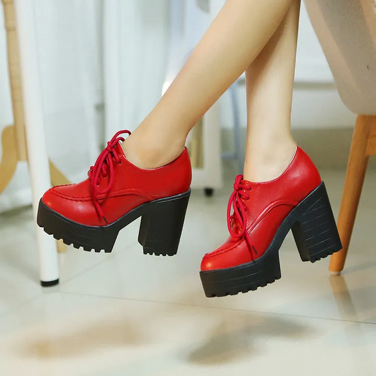 Women's Pu Leather Round Toe Lace Up Stitch Platform Block Chunky Heel
