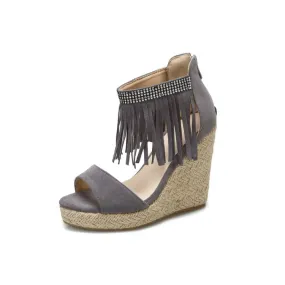 Women's Rhinestone Ankle Strap Tassel Woven Wedge Heel Platform Sandals