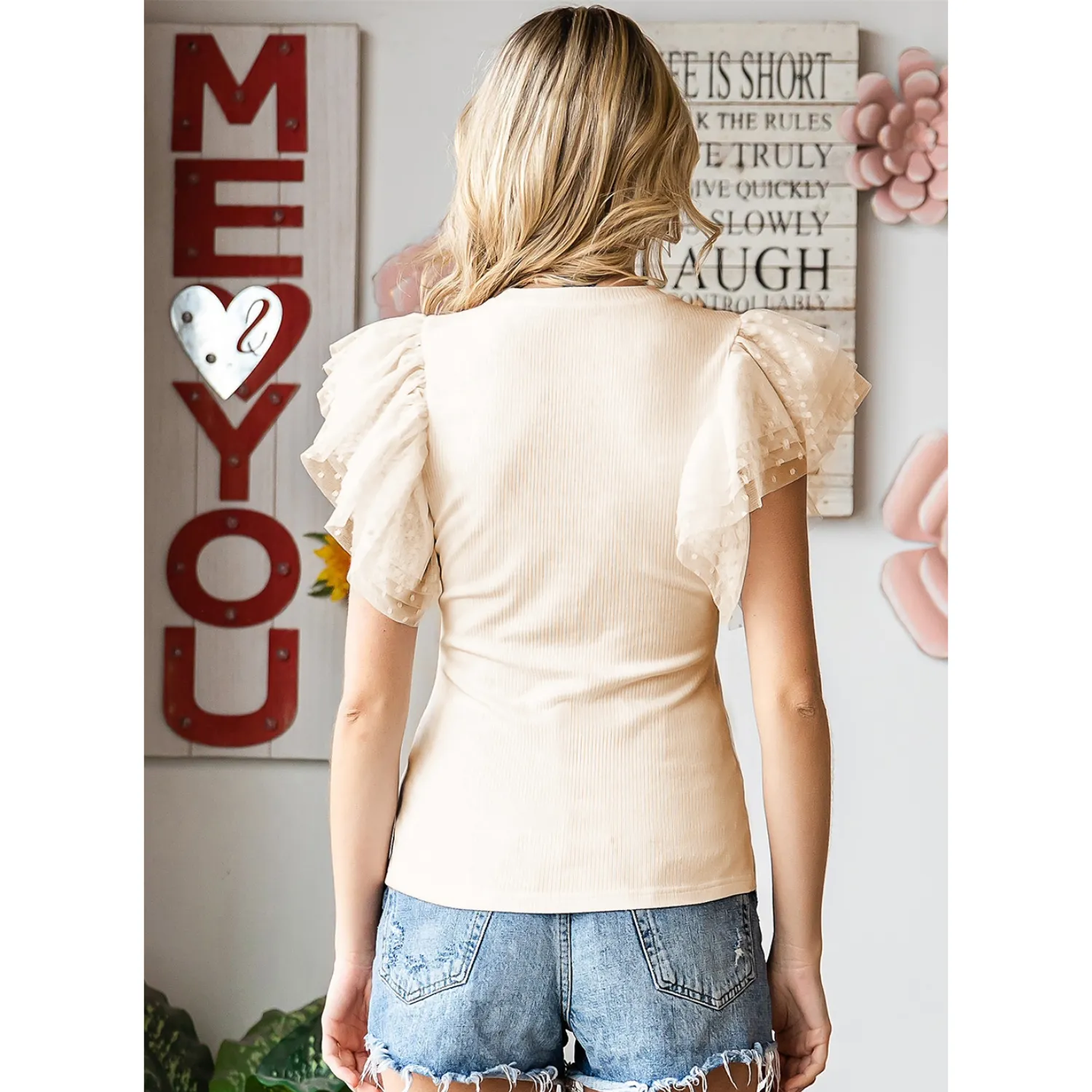 Women's Ribbed Knit Top with Layered Ruffle Sleeves - Slim Fit-Ivory