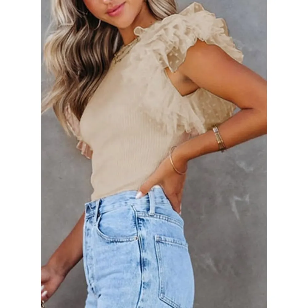 Women's Ribbed Knit Top with Layered Ruffle Sleeves - Slim Fit-Ivory