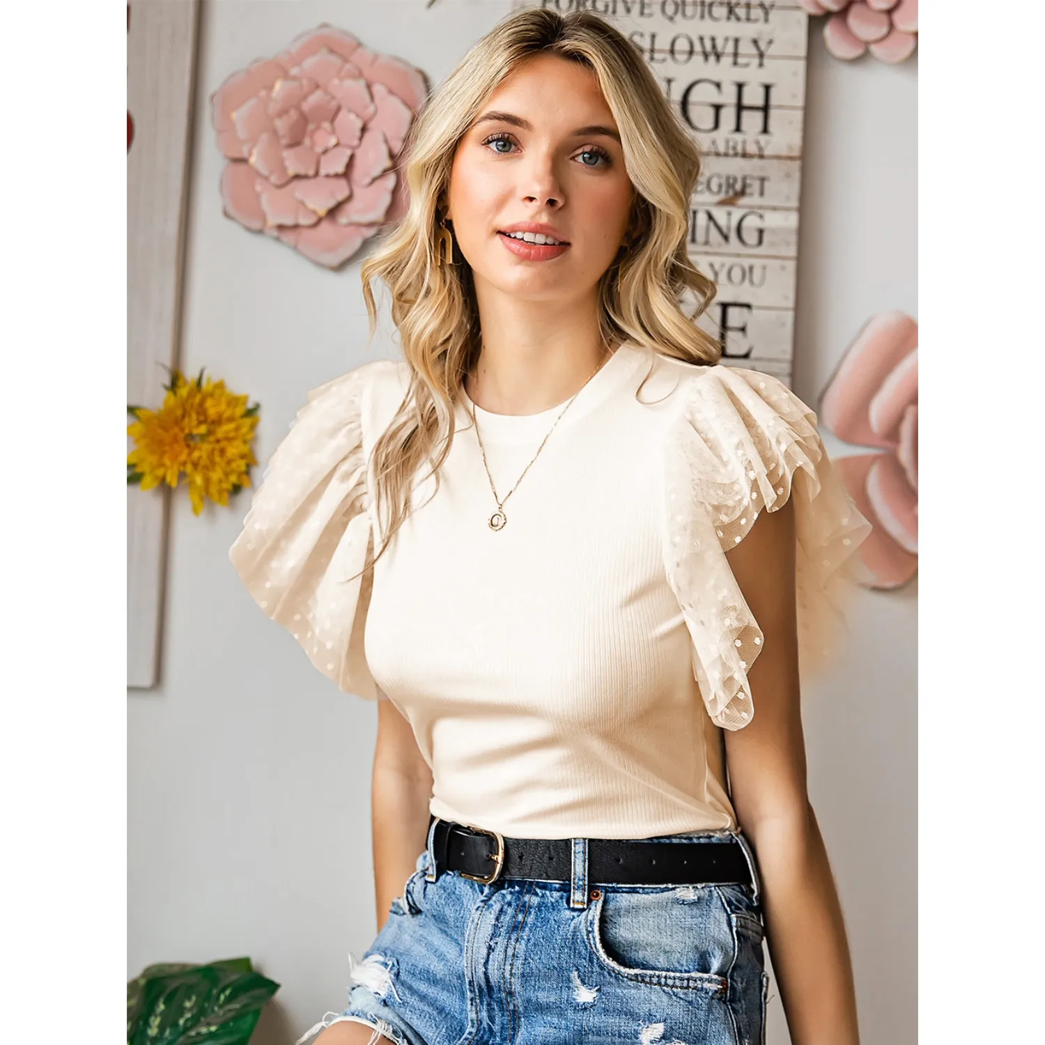 Women's Ribbed Knit Top with Layered Ruffle Sleeves - Slim Fit-Ivory