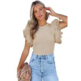Women's Ribbed Knit Top with Layered Ruffle Sleeves - Slim Fit-Ivory