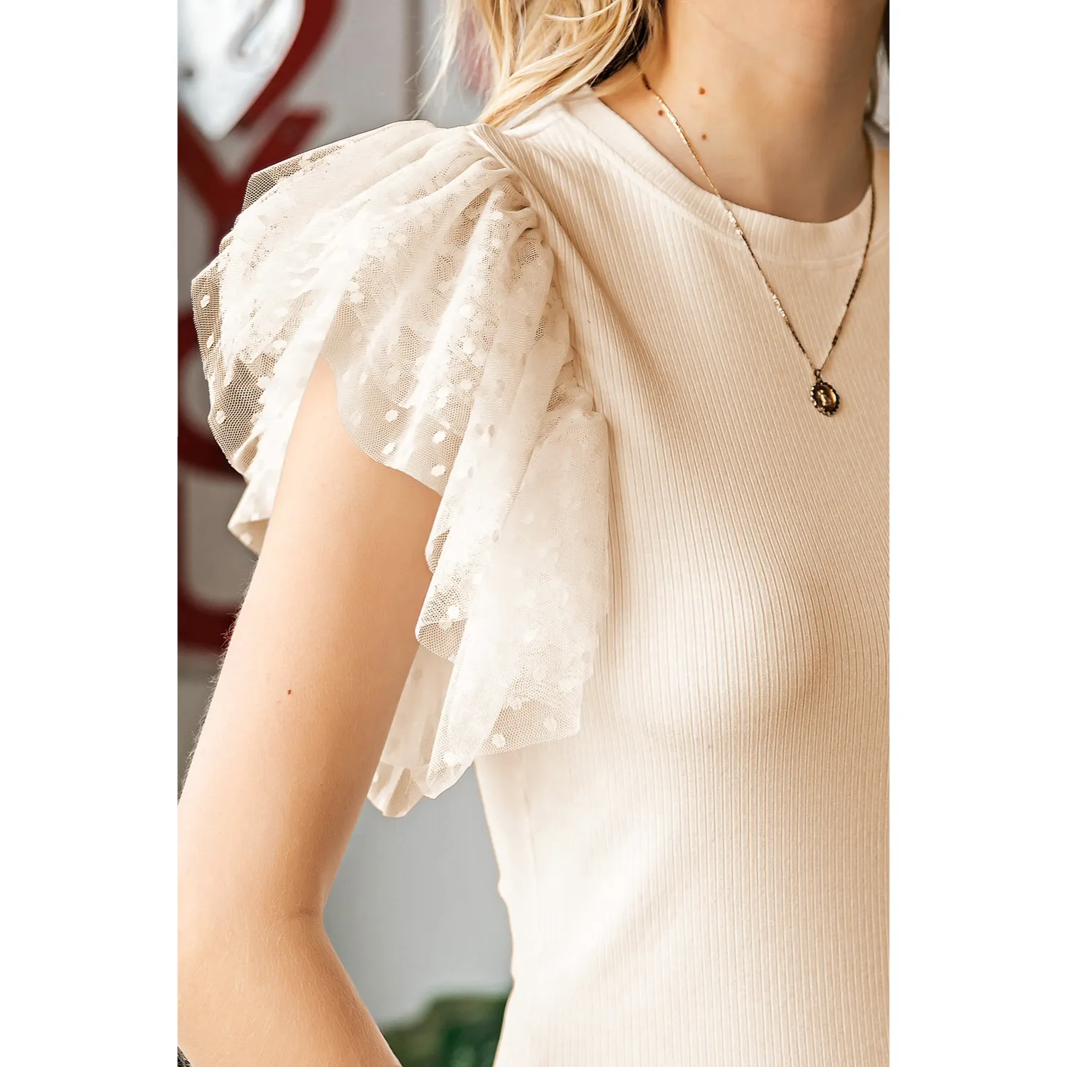 Women's Ribbed Knit Top with Layered Ruffle Sleeves - Slim Fit-Ivory