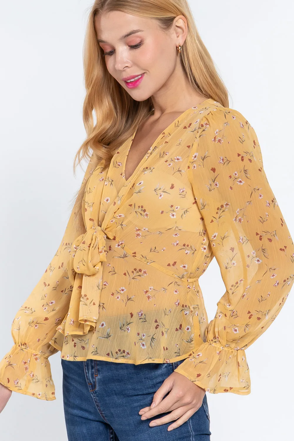 Women's Ruffle Slv Peplum Print Woven Top