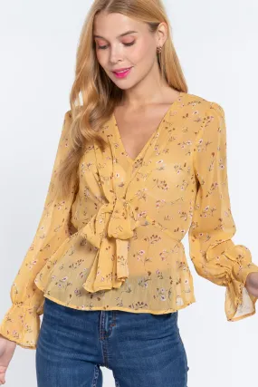Women's Ruffle Slv Peplum Print Woven Top