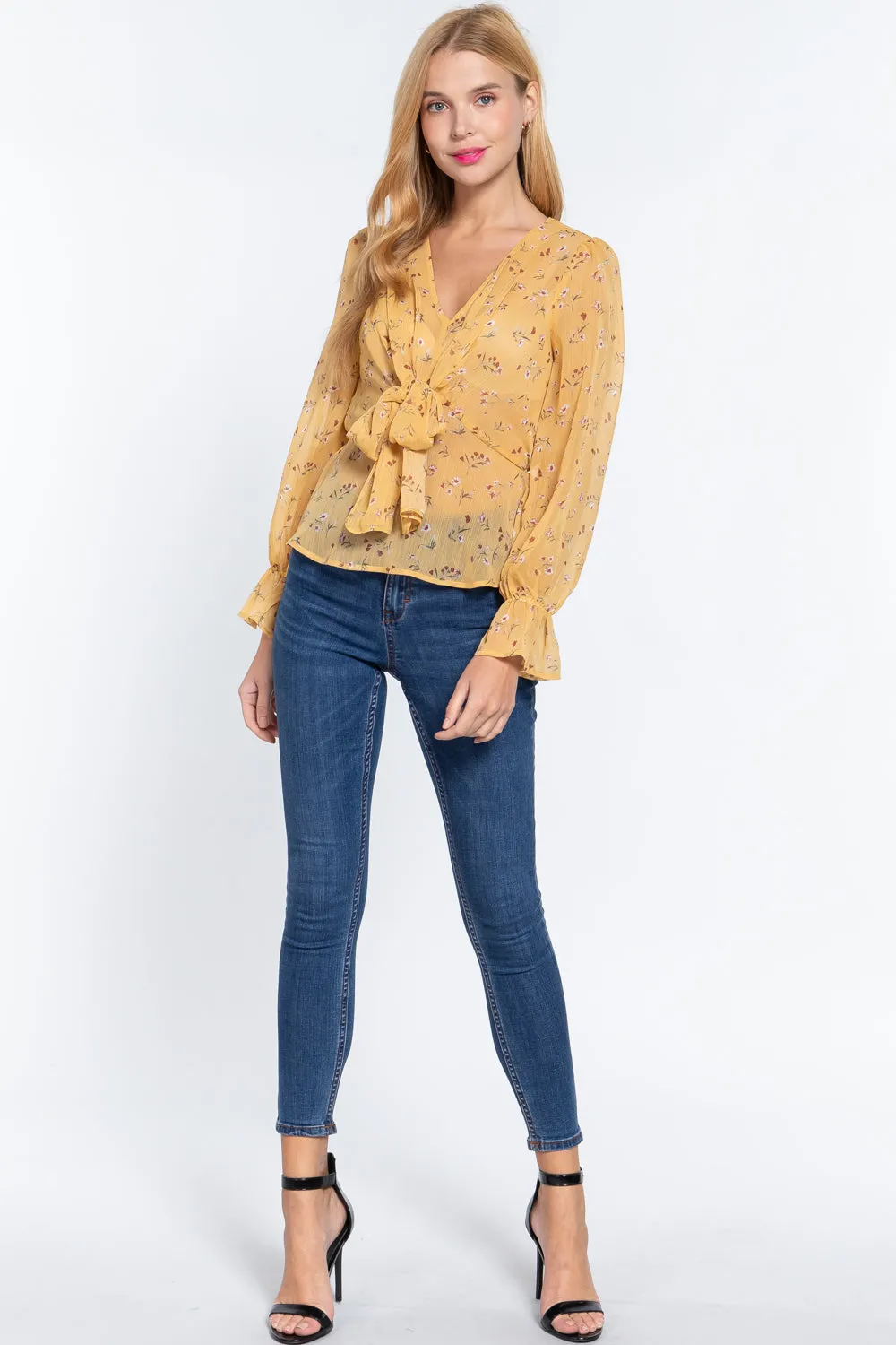 Women's Ruffle Slv Peplum Print Woven Top