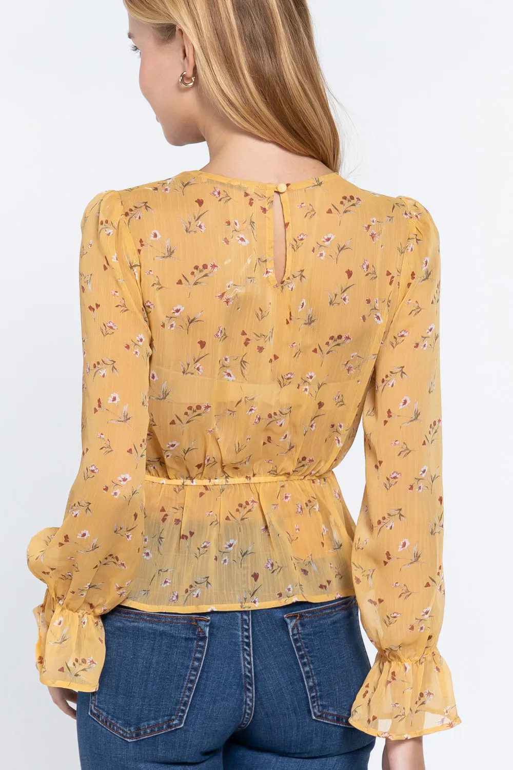 Women's Ruffle Slv Peplum Print Woven Top