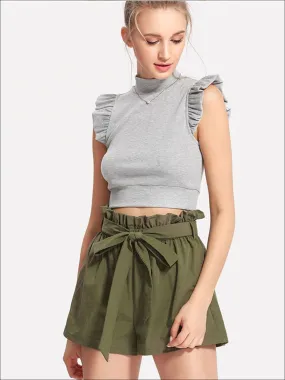 Women's Ruffle Tie Up Waist Wide Leg Shorts