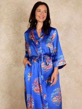 Womens Satin Kimono Robe Cobalt Peace Garden