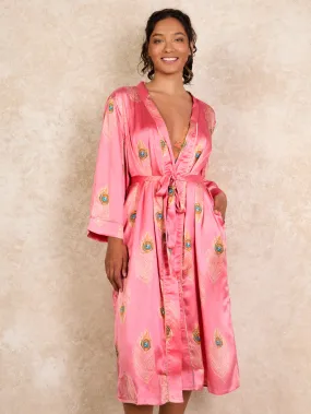 Womens Satin Kimono Robe Gold Peacock Feather