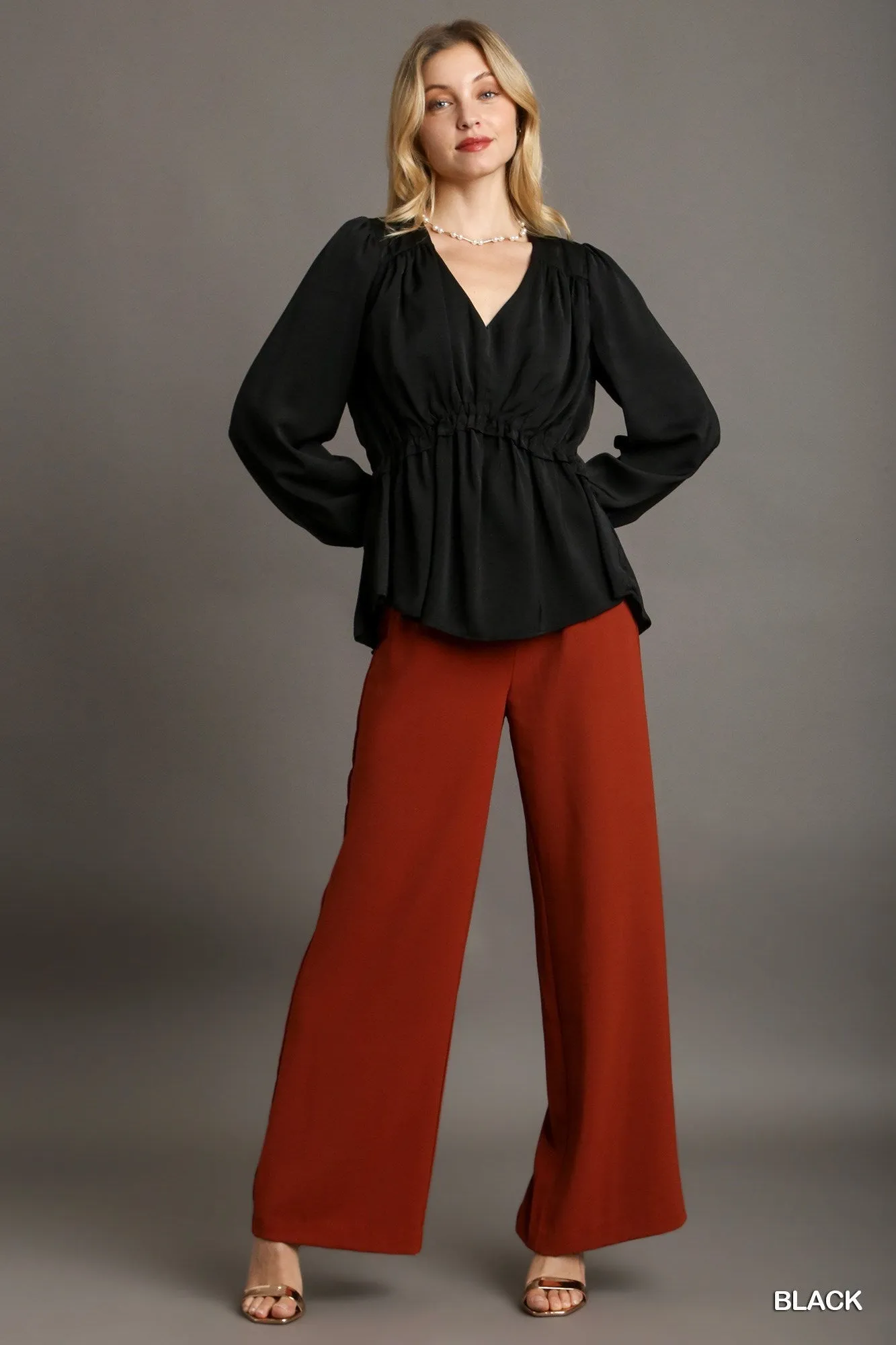 Women's Satin V-neck Ruffle Baby Doll Top With Cuffed Long Sleeve