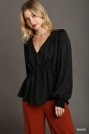 Women's Satin V-neck Ruffle Baby Doll Top With Cuffed Long Sleeve