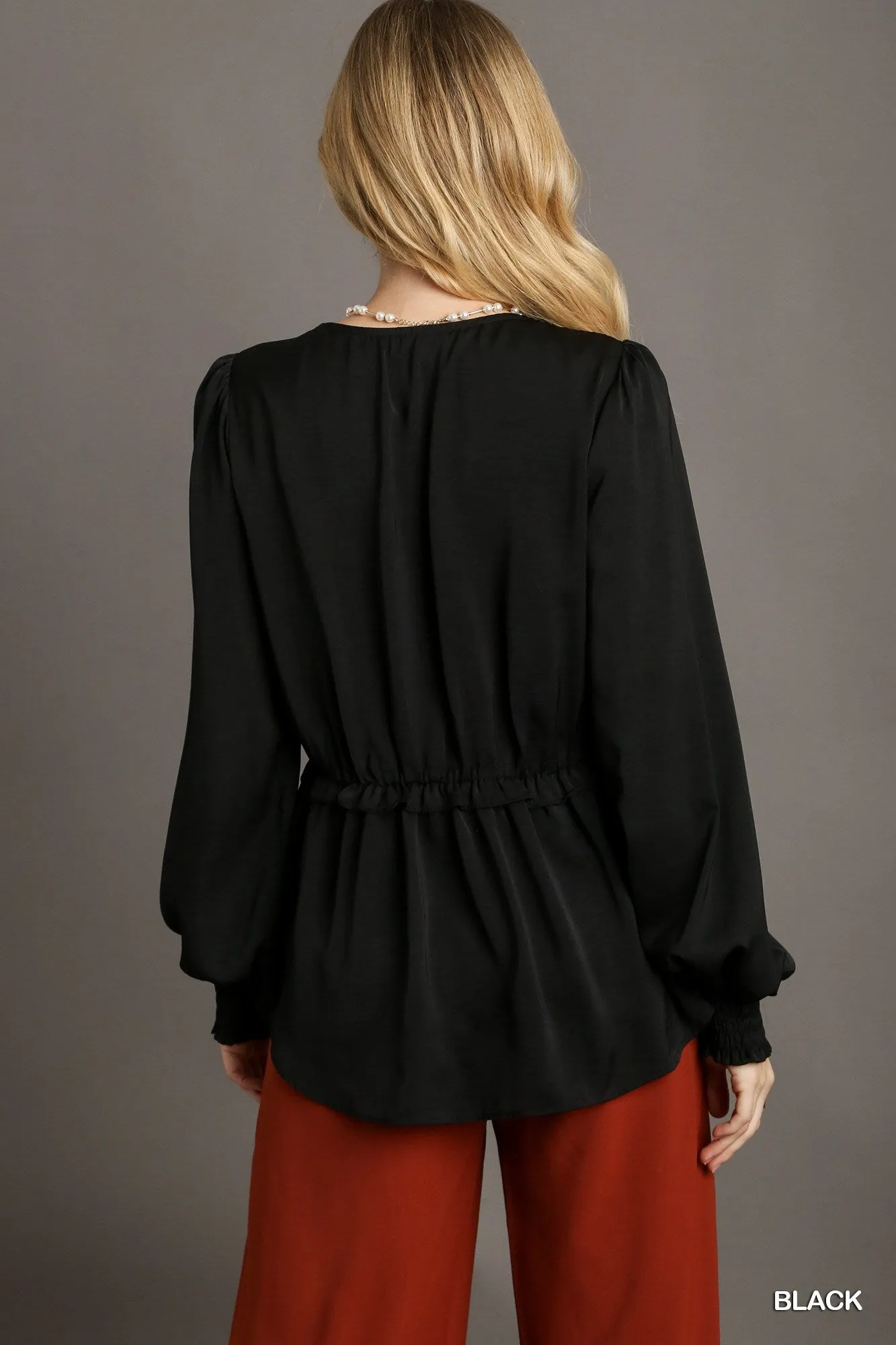 Women's Satin V-neck Ruffle Baby Doll Top With Cuffed Long Sleeve