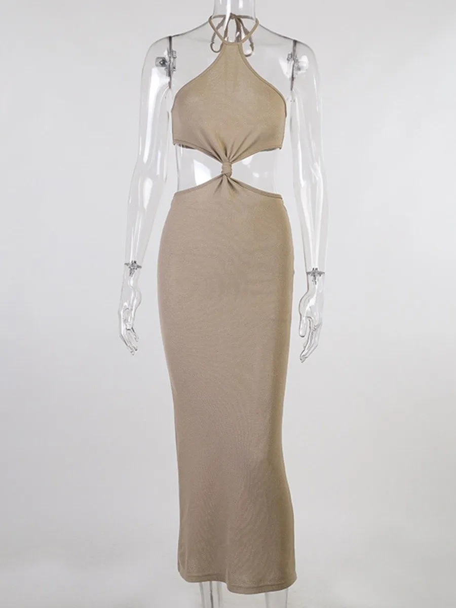 Women's Sexy Knitted Halter Dress Open Back Hollow Waist Front Knot Tie Up