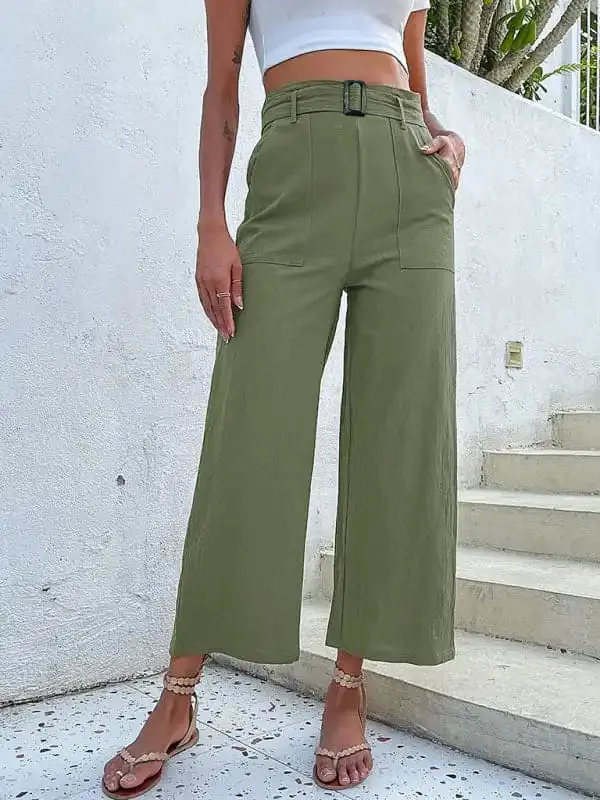 Women’s Solid Color Belted Crop Wide-leg Pants