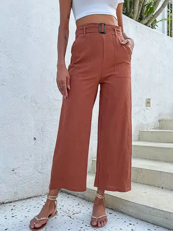 Women’s Solid Color Belted Crop Wide-leg Pants