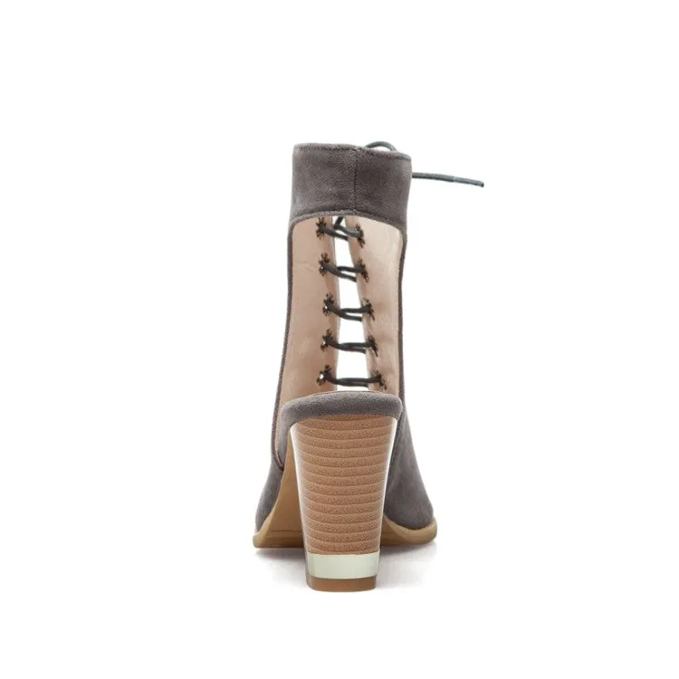 Women's Solid Color Suede Peep Toe Lace Up Block Heel Sandals