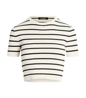 Women's Striped Short-Sleeve Cropped Sweater Mascarpone Cream/Black
