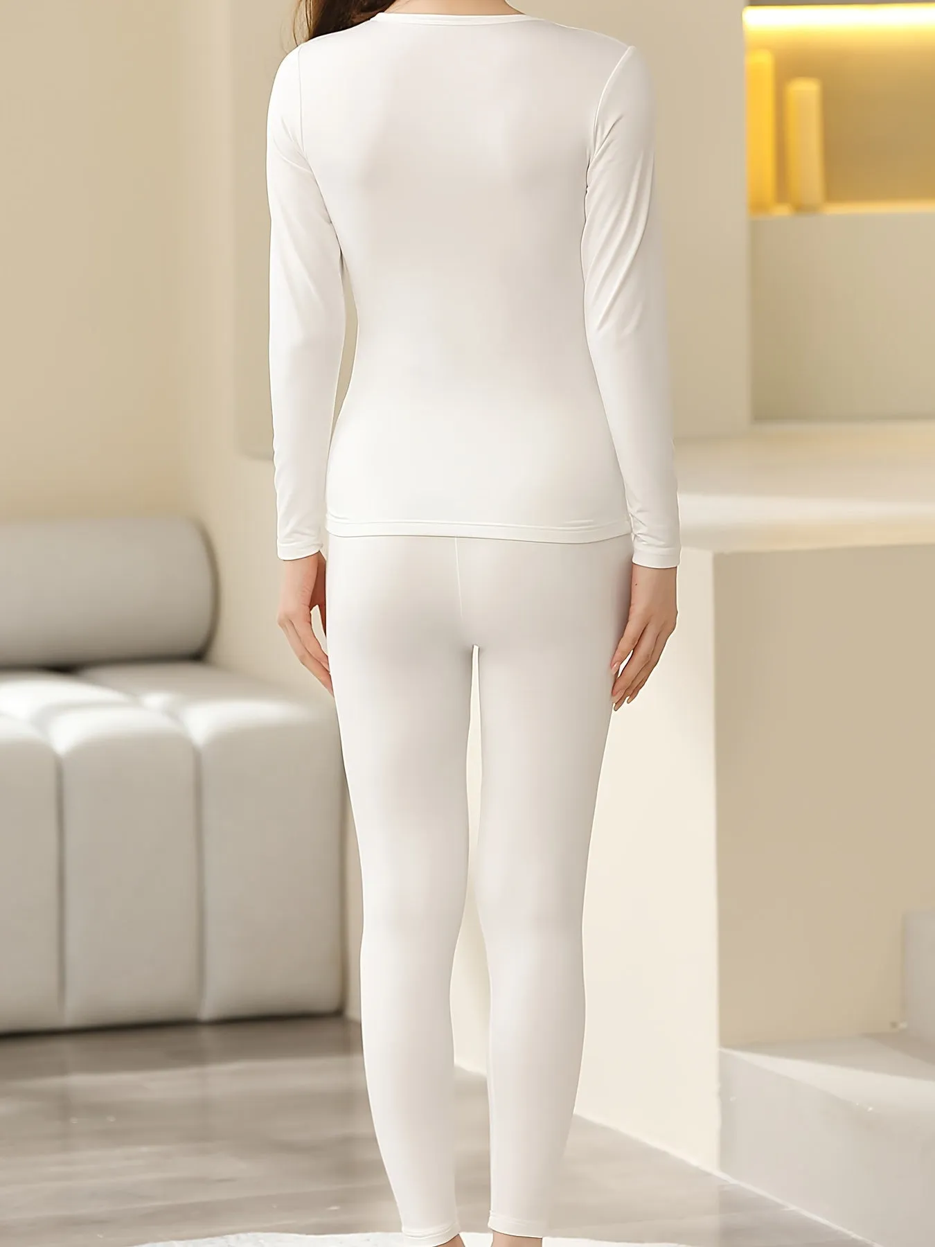 Women's Thermal Underwear Set - Solid Plush Long Sleeve Crew Neck Tops & Pants for Fall & Winter Loungewear and Underwear