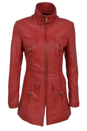 Womens Vintage Red Leather Long Trench Coat