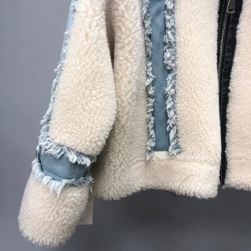 Women's Winter Casual Loose Short Denim Coat With Wool