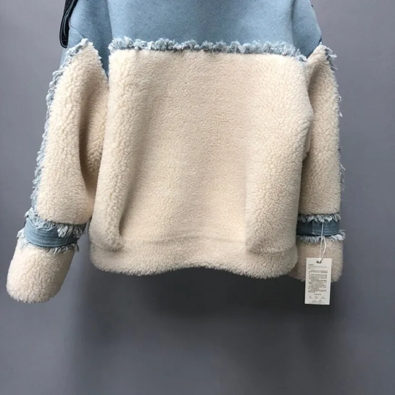 Women's Winter Casual Loose Short Denim Coat With Wool