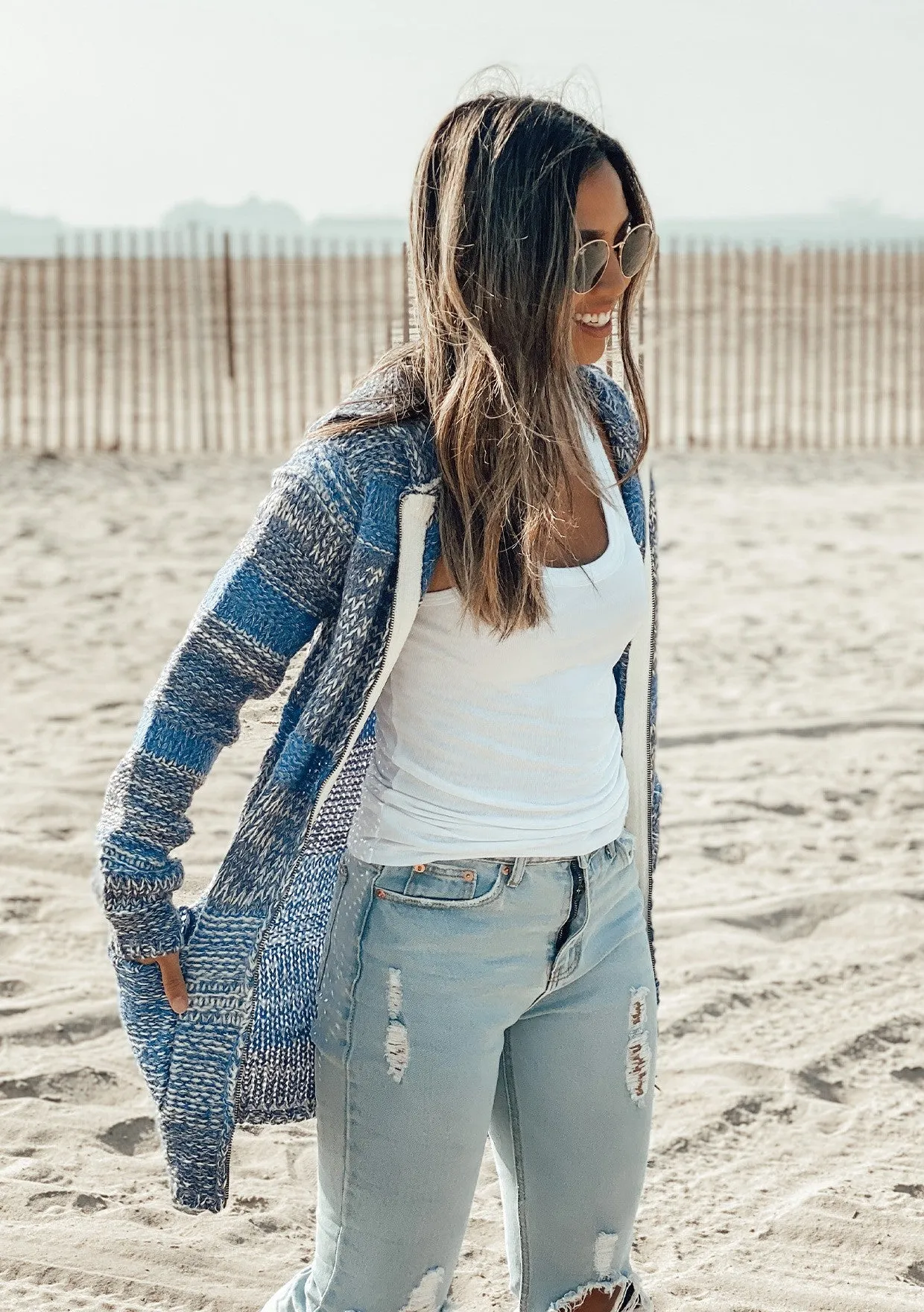 Wool Blend Marled Knit Striated Sweater