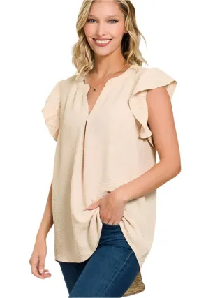 Woven Airflow Ruffled Sleeve High-Low Top