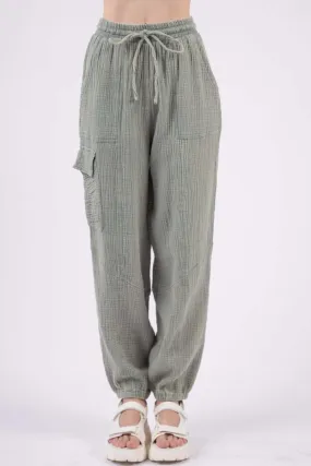 Woven Crinkle Gauze Drawstring Cargo Pants