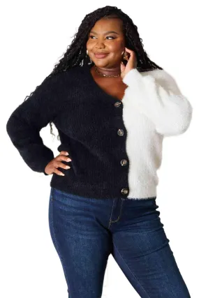 Woven Right Contrast Button-Front V-Neck Cardigan