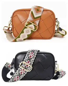 Woven Small Vegan Leather Crossbody - Black or Camel